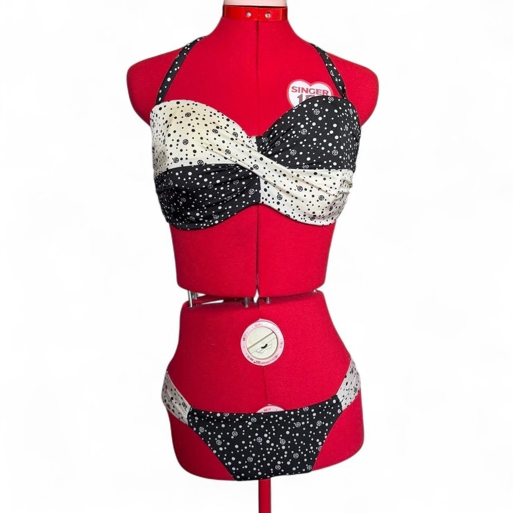 Victoria's Secret White/Cream & Black Logo Polka Dot Twist Halter Neck Bikini
